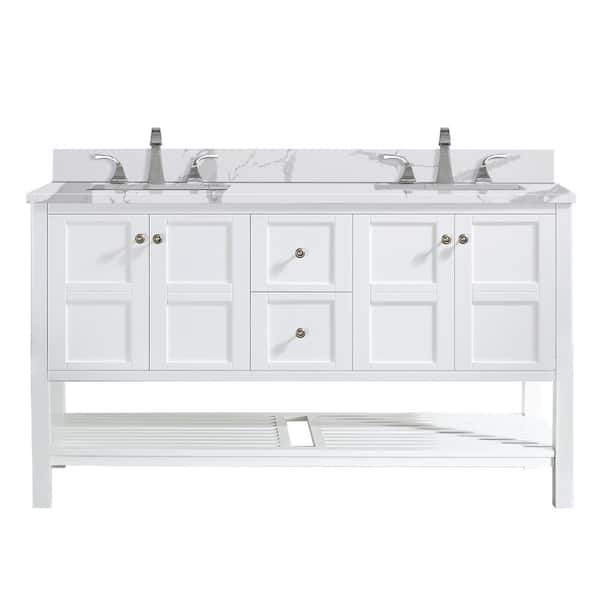 YASINU Seleen 60 in. W x 22 in. D x 39 in. H Double Sinks Freestand Bath Vanity in White With Belly White Culture Marble Top