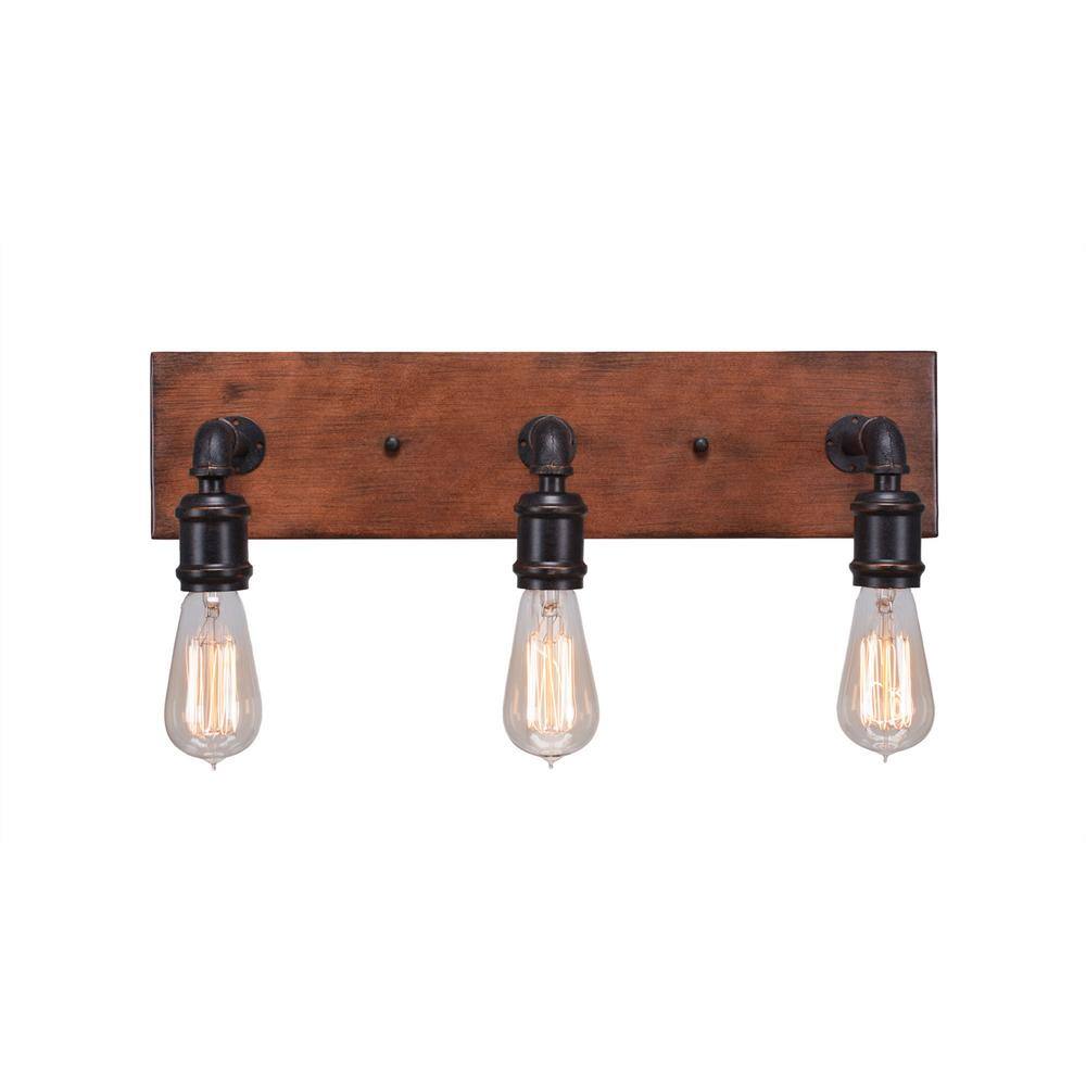 Wendell 20 in. 3-Light Painted Wood-look Metal and Dark Granite Vanity Ligh