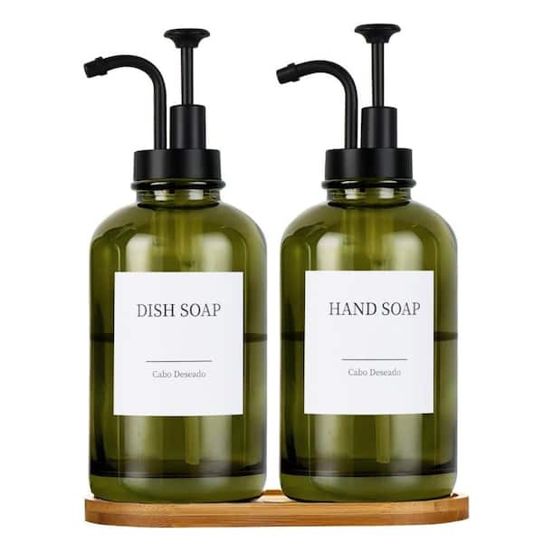 18 oz. Glass Soap Dispenser with Pump, 18 Stickers, Funnel Bamboo Tray, Set of 2, Black Pump, Olive Glass Dispenser
