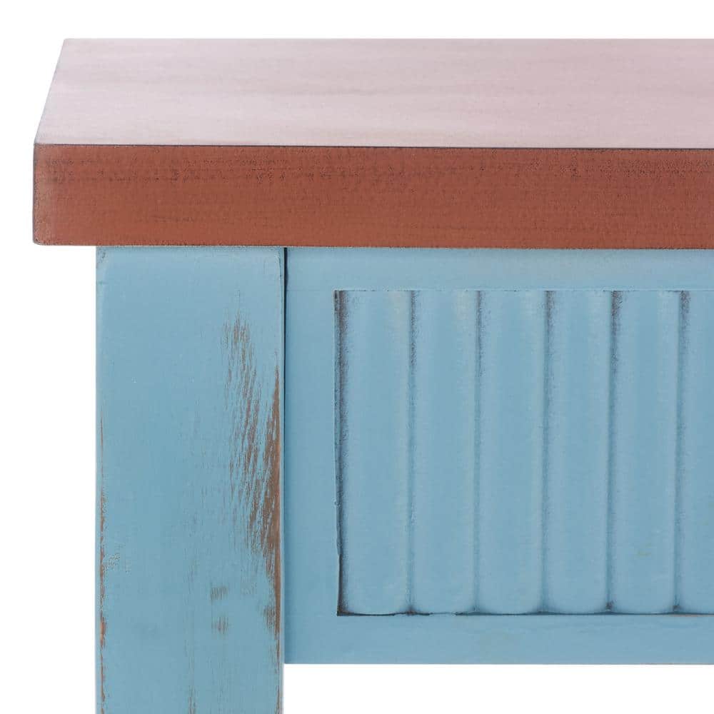 Blue and Oak Wood Console Table with Storage Drawer