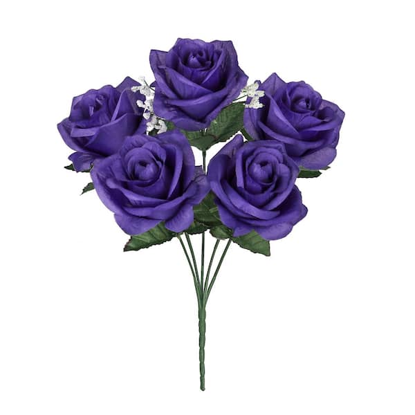 LIVING LUXURY 14 in. Dark Purple Artificial Open Rose Flower Stem Bush Bouquet (Set of 12)