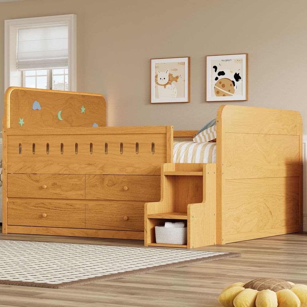 Halden Brown Full Size Daybed, Kids Bed with LED Light, Storage Drawers, Wood Color