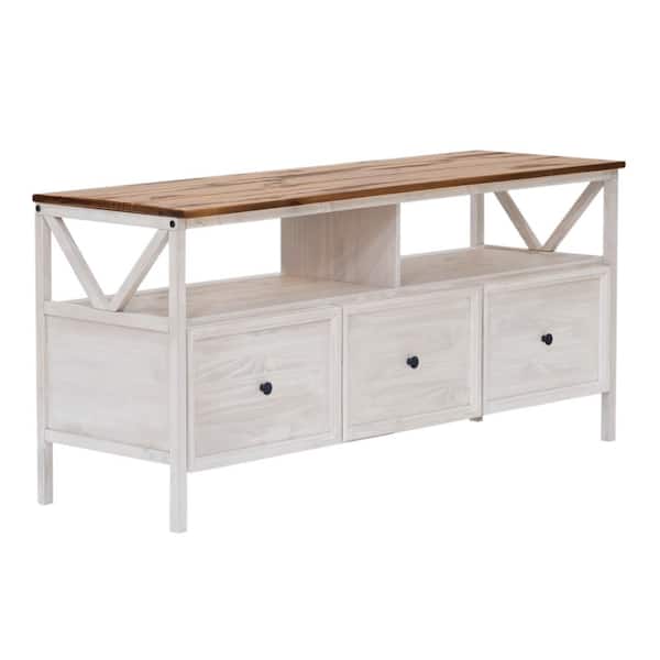 Walker Edison Furniture Company 60 in. Farmhouse Rustic Oak/White Wash Wood TV Stand with 3 Drawers (Max TV Size 65 in.)