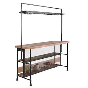 77 in. Black, Brown and Copper Rectangle Metal Wooden Bar Table with Hanging Rack