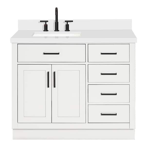 Hepburn 42 in. Single Sink Freestanding Bathroom Vanity in White with Pure White Quartz Top