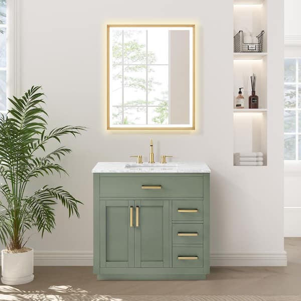 Ivy 36 in. Single Freestanding Vintage Green Bath Vanity with Carrara White Marble Top Assembled