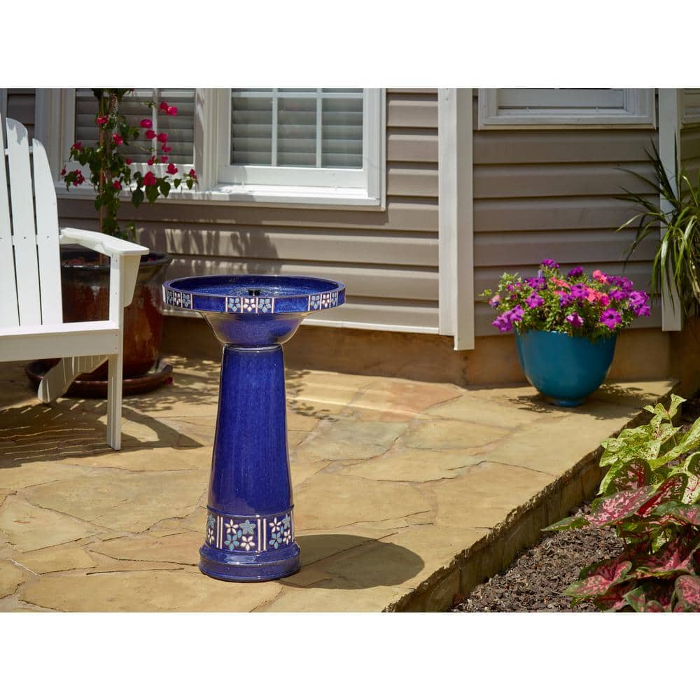 Smart Solar Louisa Blue Flowers IntelliSOLAR Ceramic Birdbath with Remote 25373024