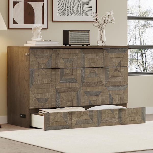 Farmhouse Style Brown Wood Frame Queen Size Geometric Veneer Foldable Murphy Bed with Charging Station, Large Drawer
