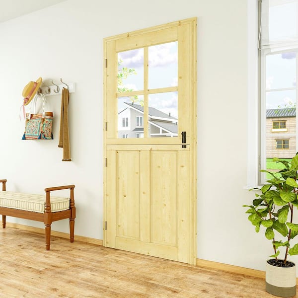 36 in. x 80 in. Pine Universal 4-Lite Clear Glass& 2-Panel Unfinished Dutch Wood Prehung Front Door +Quick Assemble Jamb