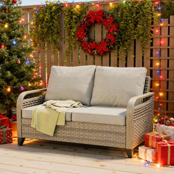 Brown 1-Piece Wicker Rattan Outdoor Patio Loveseat with Gray Cushions