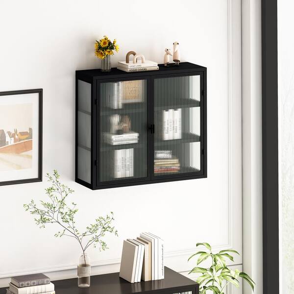 FUNKOL 5.91-in W x 23.62-in D x 27.56-in H in Black Iron Ready to Assemble Wall Kitchen Cabinet with Mirror