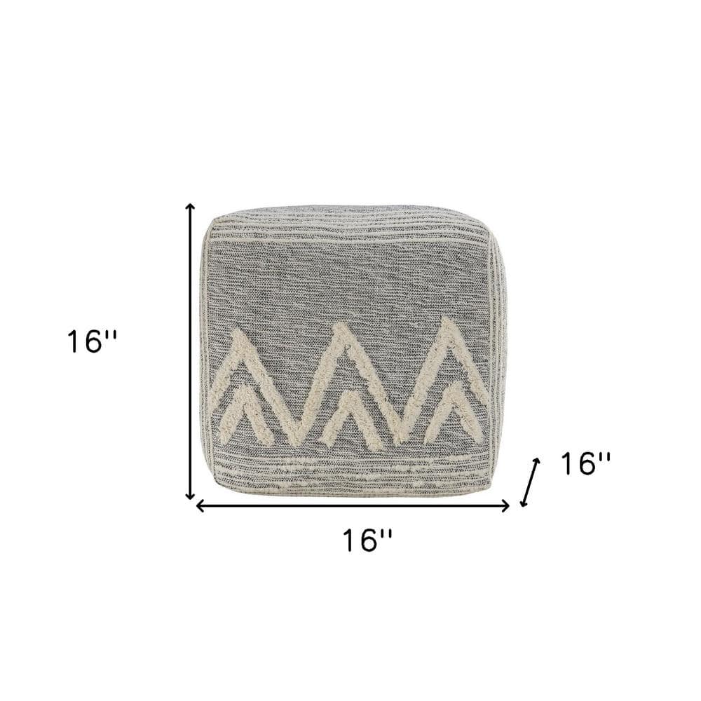 Gray and Ivory Tufted Geometric Square Pouf, 16"