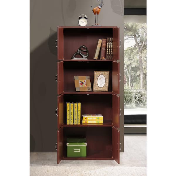 HODEDAH 4-Shelf, 54 in. H Mahogany Bookcase with Double Doors