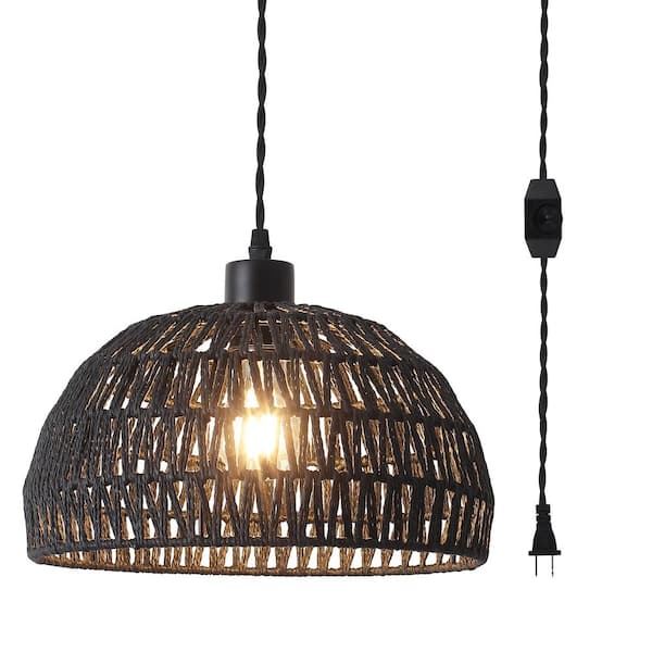 ADSENSTY 1-Light Black Plug-In Dome Pendant Light with Natural Woven Shade, No bulbs Included