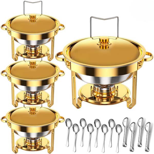 Round Chafing Dishes 5 qt. Gold Stainless Steel Buffet Set with Lid Holder Full Size Pan Food Warmer 4-Pack