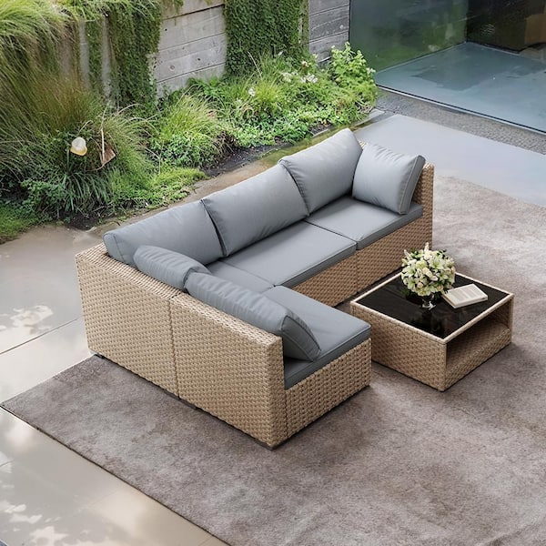 Runesay Beige 5-Piece Wicker Patio Conversation Set with Grey Cushions