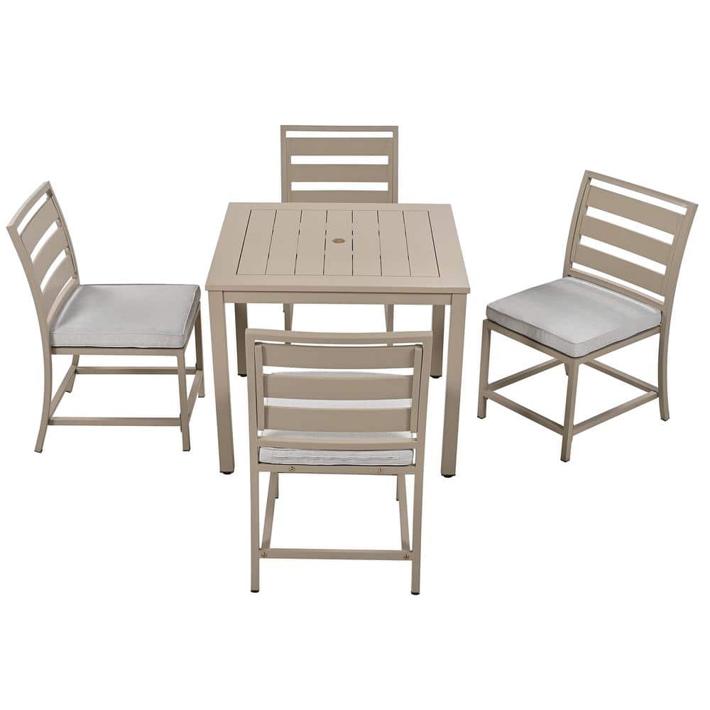 Light Brown 5-Piece Acacia Wood Rectangular Outdoor Dining Set with Steel Frame, Umbrella Hole and Gray Cushions