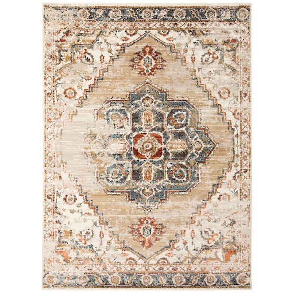 Allure 9 x 12 Gold/Beige Medallion Pattern Area Rug for High Traffic Living Room Dining Room Bedroom