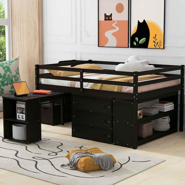 Full Size Loft Bed with Retractable Writing Desk and 3 Drawers, Storage Stairs and Shelves, Espresso