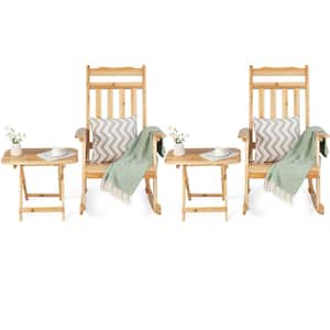 4-Piece Patio Wooden Rocking Chair Bistro Set High Backrest with Folding Side Table