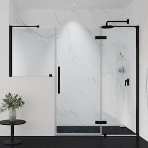 Tampa 76 1/8 in. W x 72 in. H Pivot Frameless Shower Door in Black with Buttress Panel and Shelves