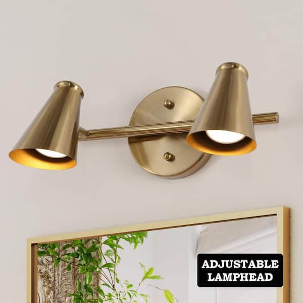 Zevni 14.5 in. Adjustable Classic Brass Gold Vanity Light for Bathroom, 2-Light Vintage Wall Sconce with Cone Shade Wall Lamp