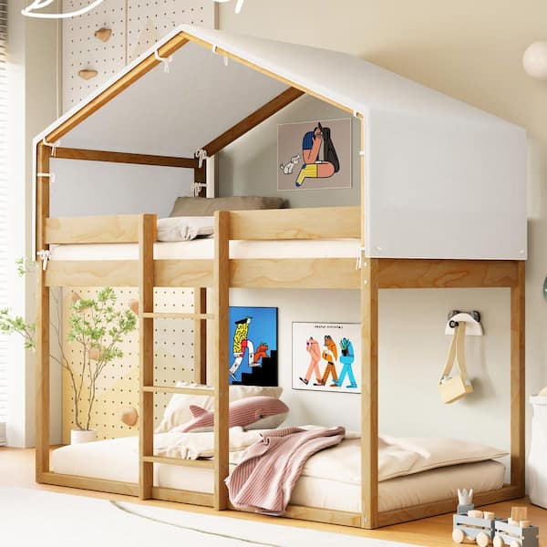 Polibi Natural Twin Over Twin Bunk Bed Wood Bed with Tent