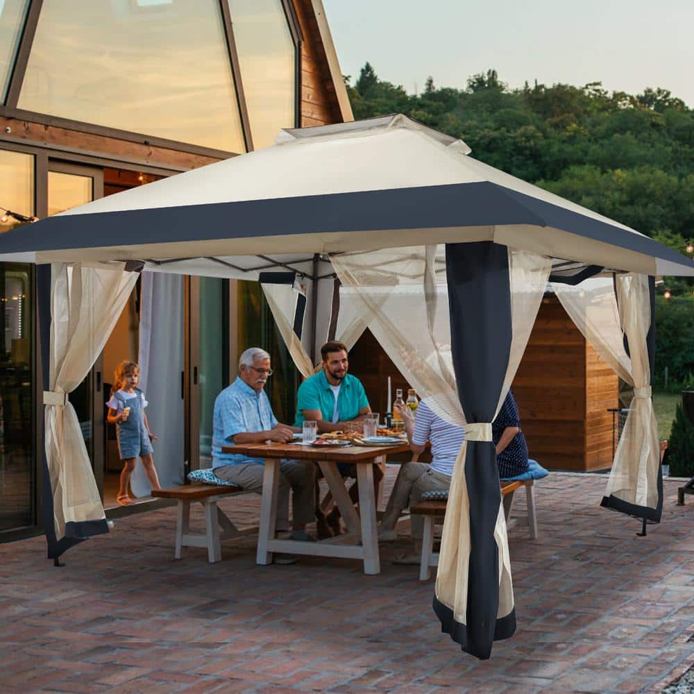 Navy Blue 13x13 ft Steel Patio Gazebo with Netting