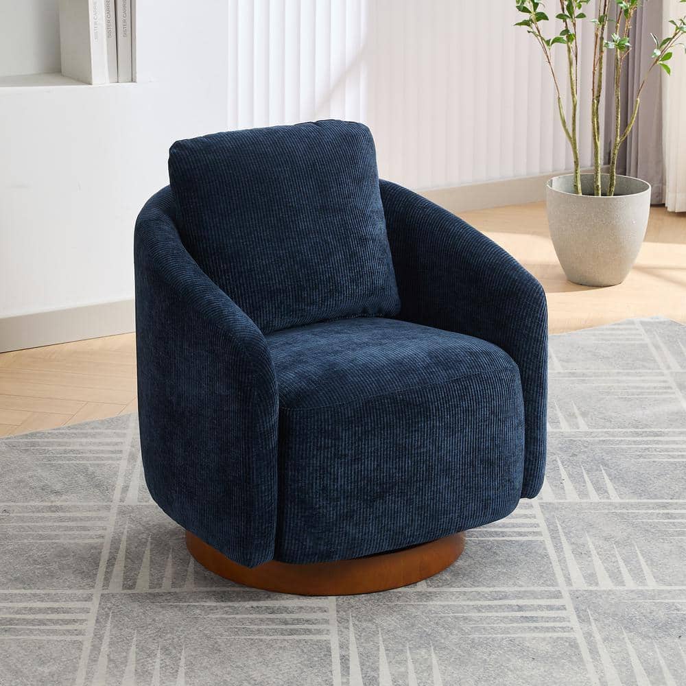 Navy Blue Chenille Swivel Barrel Chair with Rubber Wood Base
