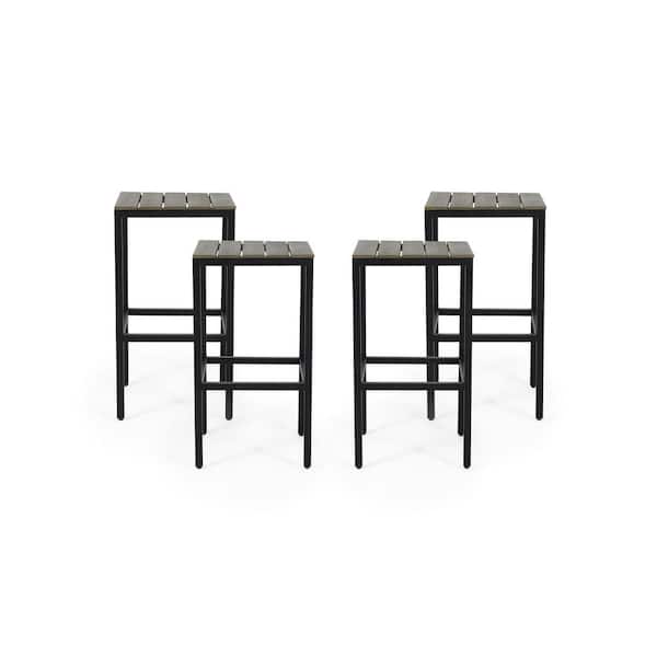 Noble House Elkhart Black Wood Outdoor Bar Stool in Grey Seat (4-Pack)