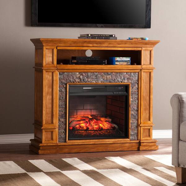 Southern Enterprises Auburn 45.5 in. Faux Stone Infrared Media Electric Fireplace TV Stand in Sienna