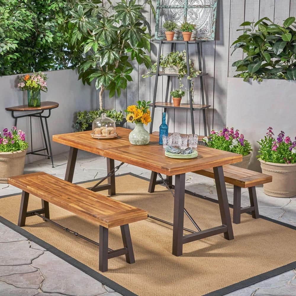 4-Person Rectangular Acacia Wood Outdoor Dining Set, Include One Dining Tab