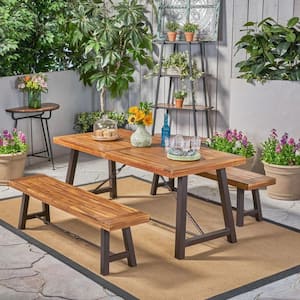 4-Person Rectangular Acacia Wood Outdoor Dining Set, Include One Dining Table And Two Dining Benches, Set of 3