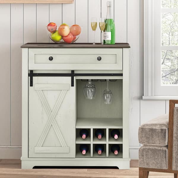 Farmhouse 32 in. Wide 6-Bottal Wine Rack Cabinet with Sliding Barn Door in Light Moss Green