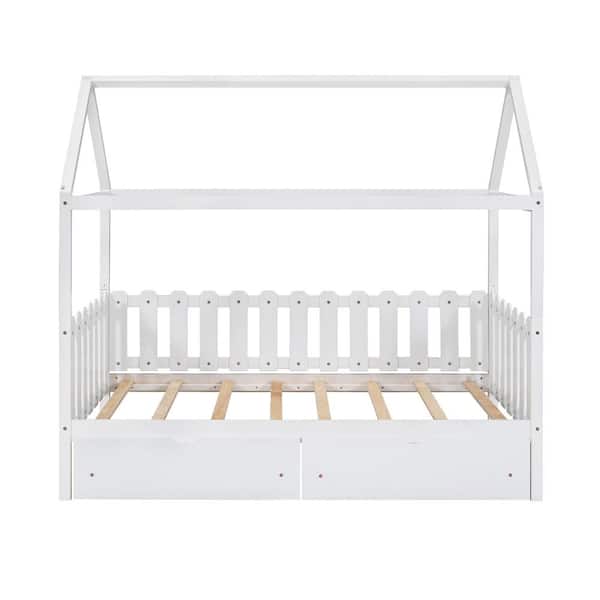 ANGELES HOME White Wood Kids Twin Bed Frame House Bed with Drawers and ...