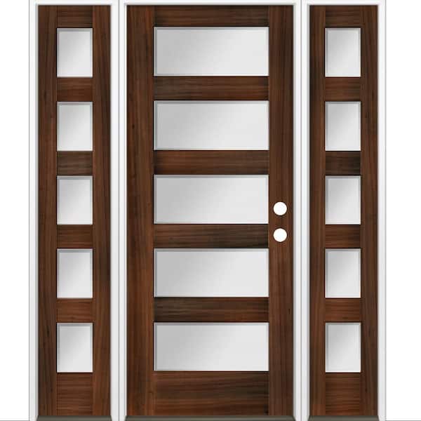 Krosswood Doors 64 in. x 80 in. Modern Hemlock 5-Lite Left-Hand/Inswing Frosted Glass Red Mahogany Stain Wood Prehung Front Door w/DSL