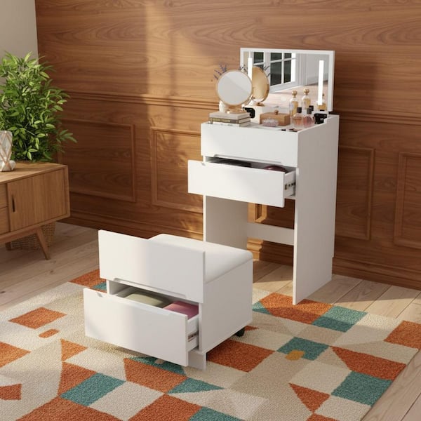 DIFU Ivory White 3-in-1 Makeup Vanity Set with Flip Top Lighted Mirror, Glass Desktop, Stool, Storage and LED Light