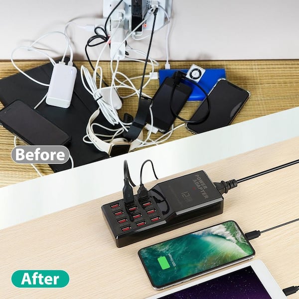 Etokfoks Black 60W Fast Charge Multi 12 Port USB Charging Station Hub
