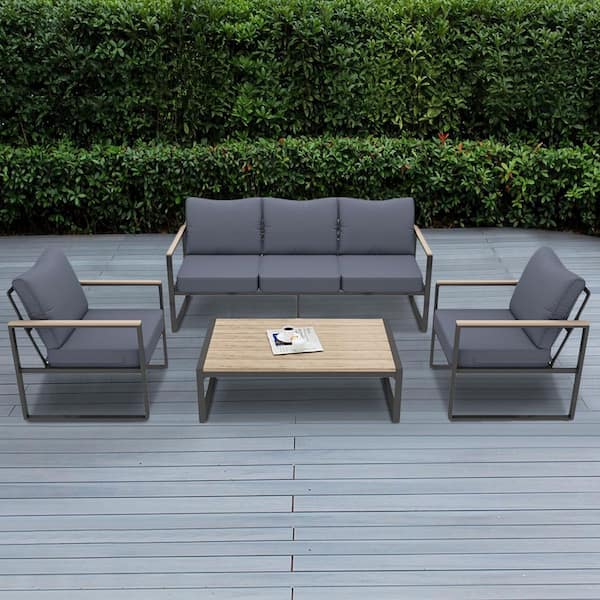 Tenleaf 4-Piece Metal Outdoor Sofa Sectional Set Patio Seating Sets Conversation Sets with Gray Cushions