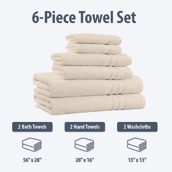 Home Sweet Home 100% Cotton 6-Piece Bath Towel Set - Extra Soft Bath Towels, Beige, Size: 2 Bath Towels 56 x 28, 2 Hand Towels 28 x 16, and 2