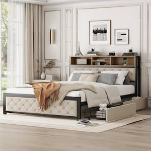 Beige Metal Frame Queen Size Platform Bed with USB Port and 4-Drawers