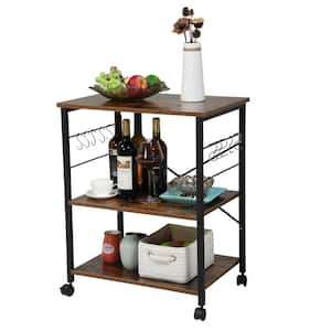 Wood Kitchen Cart with 3-Tier Storage Space, Movable Microwave Stand with 10 Hooks in Brown