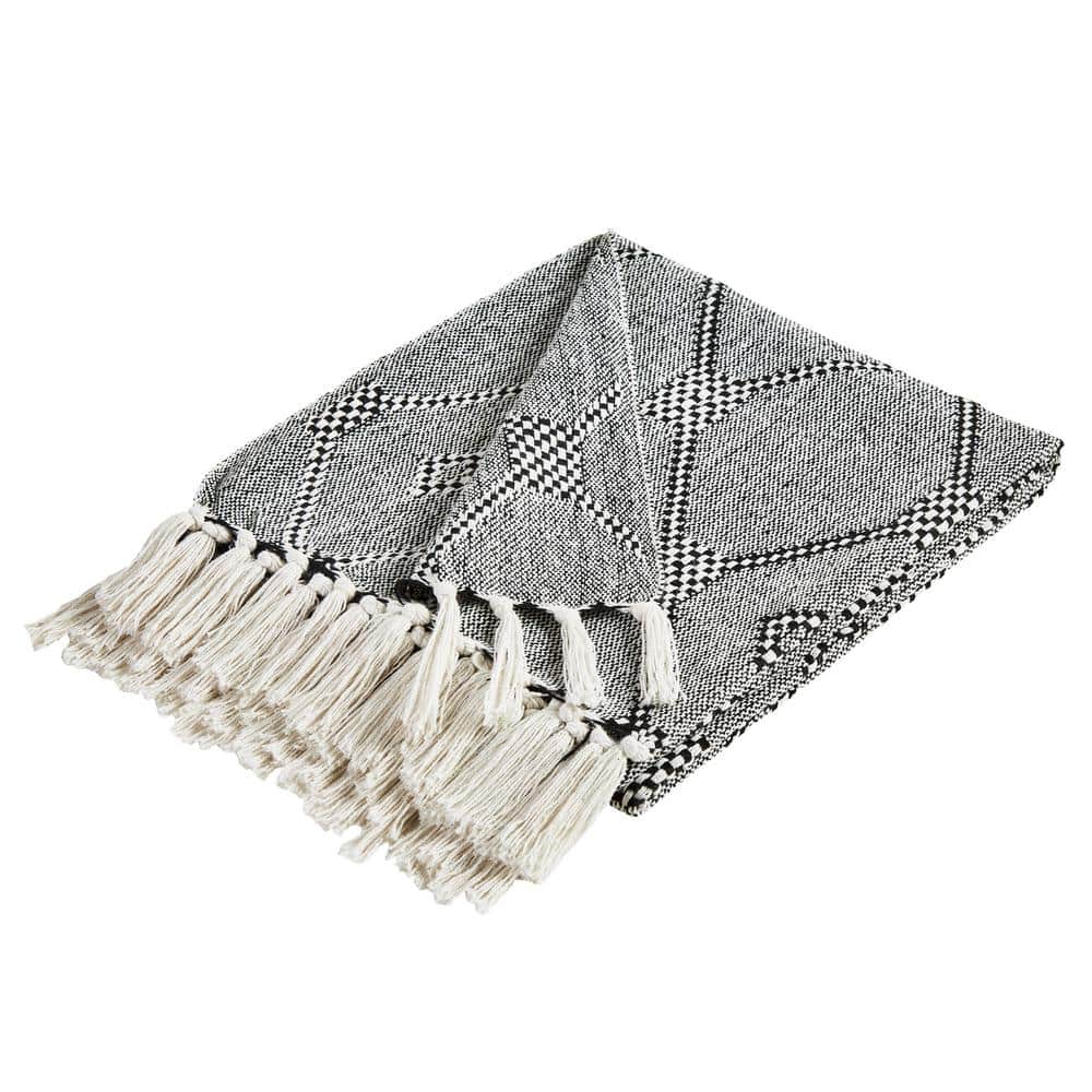 Chic Chester Black Cotton Fringe Throw Blanket, 50" x 60"