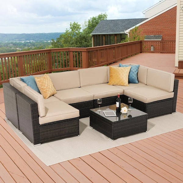 Sonkuki 7-Piece Wicker Patio Conversation Sectional Seating Set with Sand Cushions