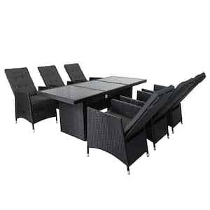Black 7-Piece Wicker Outdoor Dining Set with Dark Gray Cushion and Adjustable Backrest