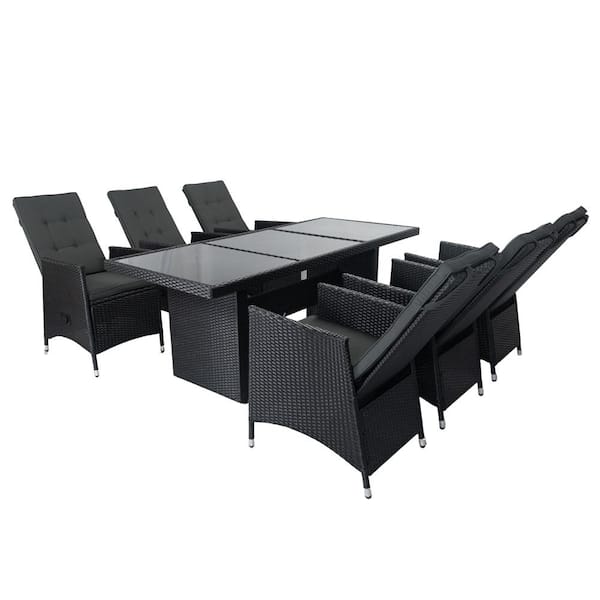 Nestfair Black 7-Piece Wicker Outdoor Dining Set with Dark Gray Cushion and Adjustable Backrest
