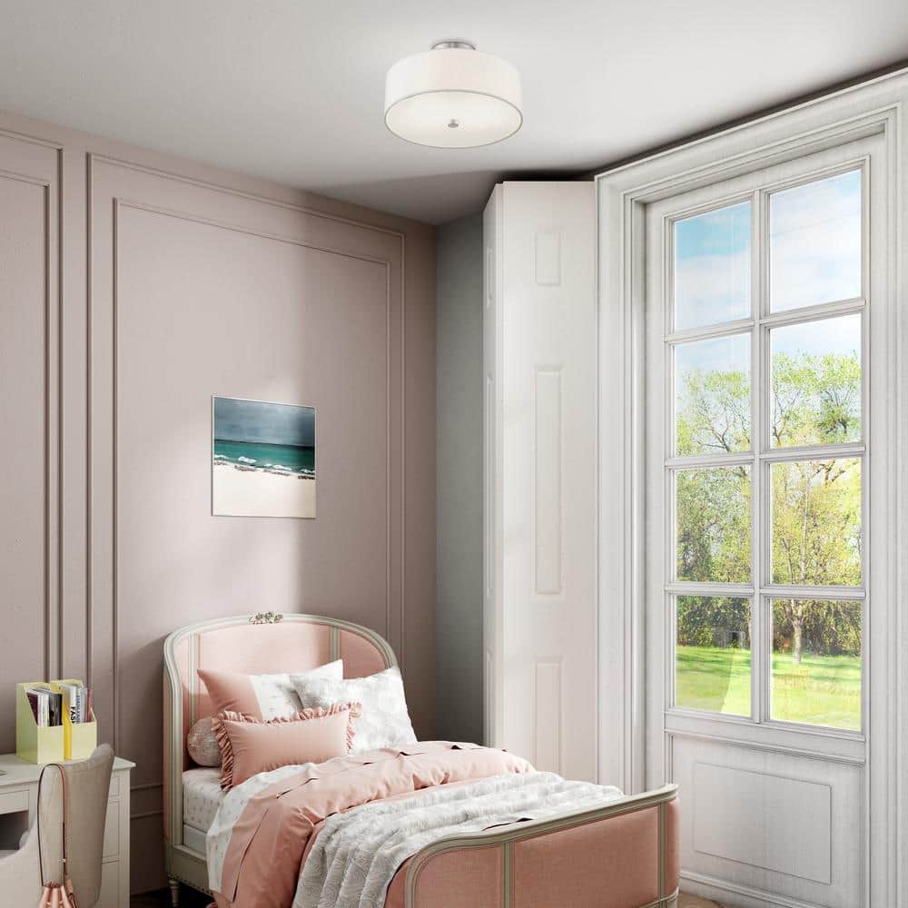 Elegant Brushed Nickel Semi-Flush Drum Light with Off-White Shade