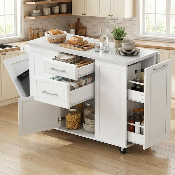 Runesay Classic White Wood 50.7 in. Drop Leaf Kitchen Island with