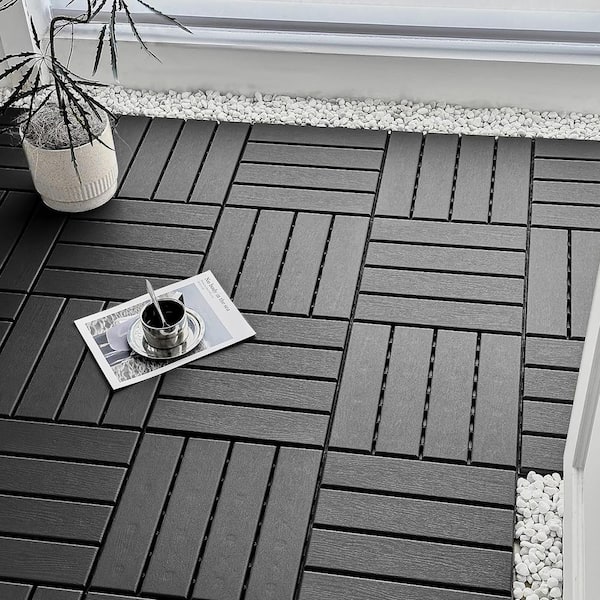 GOGEXX 12in.W x12in.L Outdoor Patio Striped Pattern Square Plastic PVC Interlocking Flooring Deck Tiles(Pack of 27Tiles)in Gray