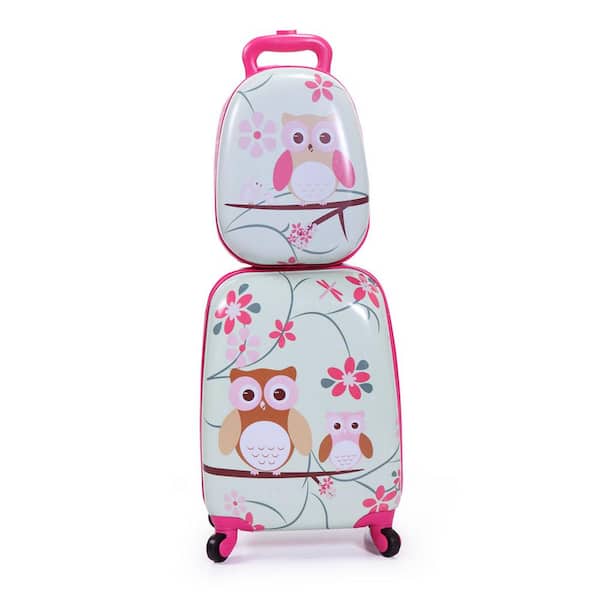 2-Piece 10-18 in Kids Carry On Luggage Set 16 In Spinner Case Travel Owl